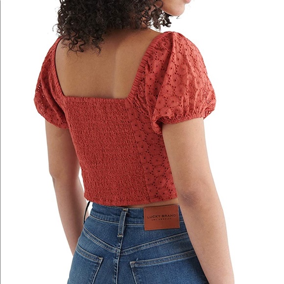 Lucky Brand Red Eyelet Button Front Peasant Puff Sleeve Shirt Tandori Spice - Picture 4 of 12